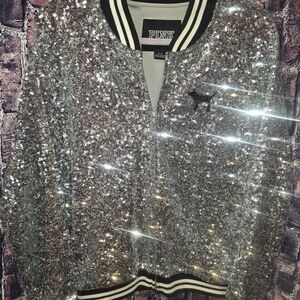 PINK Victoria's Secret Glittering Silver Bomber Jacket